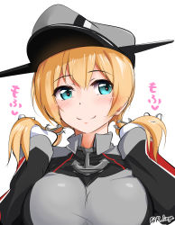 Rule 34 | 1girl, anchor hair ornament, aqua eyes, blonde hair, breasts, cross, gloves, hair ornament, hat, highres, iron cross, kantai collection, large breasts, lingerie (aki3240), long hair, long sleeves, low twintails, military, military uniform, peaked cap, prinz eugen (kancolle), smile, solo, twintails, twintails day, uniform, upper body, white gloves