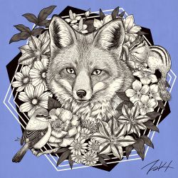 Rule 34 | animal, animal focus, bird, blue background, flower, fox, greyscale, greyscale with colored background, hexagon, leaf, looking at viewer, monochrome, no humans, original, signature, simple background, squirrel, takigraphic