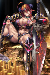 Rule 34 | 10s, 1girl, abs, ahoge, breasts, bursting breasts, chain chronicle, cleavage, coin, curvy, grin, highres, horns, huge breasts, long hair, looking at viewer, muscular, muscular female, navel, original, red hair, sharp teeth, short hair, smile, solo, sword, teeth, thick thighs, thighs, very long hair, weapon, yana (nekoarashi)