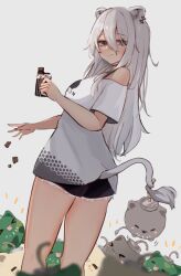 Rule 34 | 1girl, :3, alternate costume, animal ears, ass, black choker, black shorts, blurry, breasts, candy, chocolate, chocolate bar, choker, commentary, cropped legs, ear piercing, feeding, food, green eyes, grey hair, hair between eyes, highres, holding, holding food, hololive, large breasts, lion ears, lion girl, lion tail, long hair, looking at another, looking back, messy hair, off shoulder, official alternate costume, piercing, shirt, shishiro botan, shishiro botan (casual), short sleeves, shorts, simple background, single bare shoulder, solarisu, ssrb (shishiro botan), standing, t-shirt, tail, thighs, virtual youtuber, white background, white shirt