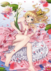 Rule 34 | 1girl, barefoot, blonde hair, blue eyes, bracelet, breasts, briska, choker, cleavage, crown, dress, feet, flower, frills, gown, jewelry, lily pad, lying, medium breasts, off shoulder, on side, original, parted lips, personification, petals, princess, solo, strap slip