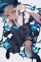 Rule 34 | 1girl, absurdres, alice lendrott, black dress, black footwear, black headwear, blonde hair, blue butterfly, blue eyes, blue nails, boots, breasts, bug, butterfly, cleavage, collarbone, cross, cross earrings, dekasegi, dress, earrings, fishnet thighhighs, fishnets, hand up, highres, insect, jewelry, knee boots, looking at viewer, medium breasts, nail polish, shinigami bocchan to kuro maid, simple background, skirt hold, smile, solo, thighhighs, white background