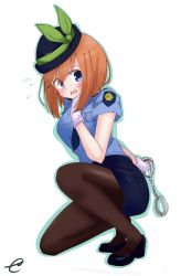 Rule 34 | 1girl, absurdres, alternate costume, bad id, bad pixiv id, black footwear, black hat, blue necktie, blue shirt, blue skirt, blush, brown hair, brown pantyhose, collared shirt, commentary request, cuffs, flying sweatdrops, full body, gloves, go-toubun no hanayome, green outline, green ribbon, hair between eyes, hand up, handcuffs, hat, hat ribbon, high heels, highres, holding, kujou karasuma, long hair, looking at viewer, nakano yotsuba, necktie, open mouth, outline, pantyhose, police, police uniform, policewoman, purple eyes, ribbon, shirt, shoes, short sleeves, signature, skirt, solo, sweat, uniform, white background, white gloves