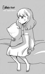 Rule 34 | 10s, 1girl, aldnoah.zero, artist name, barefoot, bed, blunt bangs, blush stickers, character name, dated, eddelrittuo, greyscale, hair down, long hair, looking away, monochrome, nightgown, pillow, shimura takako, sitting, solo