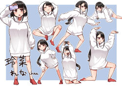 Rule 34 | 1girl, ankle socks, arm up, arms up, black hair, blue background, breasts, brown eyes, cellphone, closed eyes, closed mouth, controller, game controller, highres, holding, holding phone, hood, hood down, hoodie, long hair, long sleeves, makano mucchi, medium breasts, multiple views, no shoes, on one knee, original, phone, puffy long sleeves, puffy sleeves, red socks, socks, translation request, two-tone background, very long hair, wavy mouth, white background, white hoodie