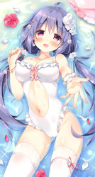 Rule 34 | 1girl, afloat, ahoge, blush, bracelet, breasts, cameltoe, cleavage, clenched hand, clothing cutout, commentary request, cowboy shot, earrings, flower, frilled pillow, frilled swimsuit, frills, hair flower, hair ornament, halterneck, in water, jewelry, lace, lace-trimmed legwear, lace trim, large breasts, long hair, looking at viewer, lying, navel, navel cutout, on back, one-piece swimsuit, open mouth, original, outstretched hand, pan (mimi), petals, pillow, purple eyes, purple hair, solo, sparkle, swimsuit, thighhighs, twintails, water, white one-piece swimsuit, white thighhighs