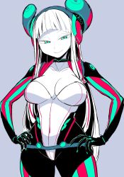 Rule 34 | 1girl, bodysuit, breasts, collar, collarbone, commentary, electro emilia, grey background, hands on own hips, headgear, ken (koala), large breasts, leotard, long hair, looking at viewer, original, skin tight, smile, solo, standing
