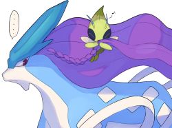 Rule 34 | ..., celebi, closed mouth, creatures (company), closed eyes, game freak, gen 2 pokemon, hanging, legendary pokemon, looking back, musical note, mythical pokemon, nintendo, no humans, open mouth, pokemon, pokemon (creature), red eyes, spoken ellipsis, suicune, tyako 089, white background