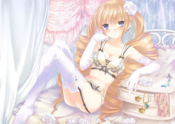 Rule 34 | 1girl, aq interactive, arcana heart, arcana heart 2, arm support, atlus, bad id, bad pixiv id, bed, blonde hair, blue eyes, blush, bottle, bra, breasts, cleavage, crossed legs, curtains, drawer, drill hair, examu, floral print, flower, frills, front-tie top, garter belt, garter straps, hair flower, hair ornament, head rest, jewelry, karase (shell shelter), lace, lace-trimmed bra, lace-trimmed legwear, lace bra, lace panties, lace trim, lingerie, long hair, medium breasts, necklace, orange hair, panties, pendant, perfume bottle, petra johanna lagerkvist, reclining, ribbon, rose, sitting, solo, thighhighs, twin drills, underwear, underwear only, very long hair, white flower, white rose, white thighhighs, yellow bra, yellow panties