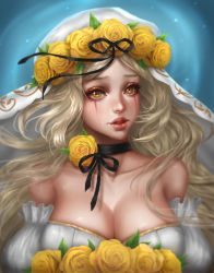 Rule 34 | 1girl, absurdres, black ribbon, blonde hair, breasts, choker, cleavage, flower, highres, large breasts, long hair, parted lips, rena illusion, ribbon, ribbon choker, solo, yellow eyes, yellow flower