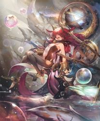 Rule 34 | 1girl, anklet, artist request, bare shoulders, blue hair, bracelet, breasts, bubble, crystal, gradient hair, hair ornament, izalue herald of death, jewelry, long hair, multicolored hair, official art, orb, pelvic curtain, red hair, shadowverse, small breasts, stirrup legwear, sword, toeless legwear, two-tone hair, water, weapon