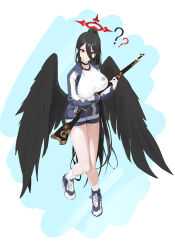 Rule 34 | 1girl, ?, ??, absurdres, black choker, black hair, black wings, blue archive, bolt action, breasts, choker, commentary request, feathered wings, full body, gun, gym shirt, gym shorts, gym uniform, hair between eyes, halo, hasumi (blue archive), high ponytail, highres, holding, holding gun, holding weapon, jacket, large breasts, large wings, long hair, looking at viewer, low wings, m1917 enfield, mark jin, mole, mole under eye, official alternate costume, partially unzipped, ponytail, red eyes, red halo, rifle, shirt, shoes, shorts, simple background, sneakers, socks, solo, track jacket, very long hair, weapon, white socks, wings