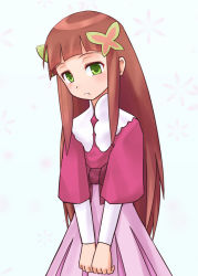 Rule 34 | 1girl, blunt bangs, blush, bow, brown hair, butterfly hair ornament, dress, dress bow, green eyes, hair ornament, iris.exe (mega man), long hair, mega man (series), mega man battle network, ni-jo, own hands together, simple background, solo, white background