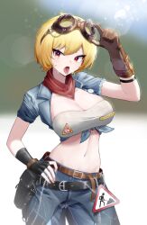 Rule 34 | 1girl, absurdres, alternate costume, alternate hair length, alternate hairstyle, bandeau, belt, black belt, black gloves, blonde hair, blue pants, blue shirt, blurry, blurry background, breasts, brown belt, brown gloves, cleavage, commentary, contrapposto, cowboy shot, day, denim, english commentary, fingerless gloves, gloves, goggles, goggles on head, grey tube top, hair between eyes, hand on own hip, highres, hololive, hololive indonesia, hot, jeans, kaela kovalskia, large breasts, looking at viewer, midriff, navel, pants, radi (pixiv 88192217), red eyes, red scarf, scarf, shirt, short hair, short sleeves, sign, solo, strapless, sweat, tied shirt, tongue, tongue out, tube top, underbust, virtual youtuber