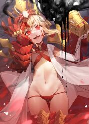Rule 34 | 1girl, ahoge, bikini, blonde hair, breasts, chalice, criss-cross halter, crown, cup, dragon claw, dragon tail, elbow gloves, facial mark, fate/grand order, fate (series), gloves, hair intakes, halterneck, highres, long hair, looking at viewer, navel, nero claudius (fate), nero claudius (fate) (all), open clothes, open mouth, pointy ears, queen draco (fate), queen draco (second ascension) (fate), red bikini, red eyes, renka (renkas), robe, scales, single glove, small breasts, smile, solo, swimsuit, tail, thighs, white gloves, white robe