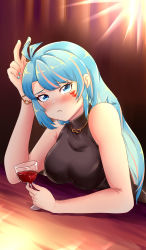 Rule 34 | 1girl, absurdres, alcohol, azura cecillia, black sweater, blue eyes, blue hair, blue nails, breasts, cup, drinking glass, hair behind ear, highres, holding, holding cup, jewelry, kirainfo, long hair, looking at viewer, medium breasts, multicolored hair, nail polish, necklace, nijisanji, nijisanji id, pink hair, pout, solo, streaked hair, sweater, v, virtual youtuber, wine, wine glass