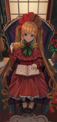 Rule 34 | 1girl, absurdres, black footwear, blonde hair, blue eyes, blush, book, bow, bowtie, cup, dress, flower, frilled dress, frills, green bow, green bowtie, highres, holding, holding cup, lolita fashion, long hair, looking at viewer, mary janes, nail polish, red dress, red flower, red nails, red rose, rose, rozen maiden, shinku, shoes, silvertsuki, sitting, solo, teacup