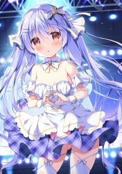Rule 34 | 1girl, :o, bare shoulders, blush, bow, breasts, commentary request, dress, hair between eyes, hair bow, hair ornament, hair ribbon, hairclip, heart, heart hands, highres, long hair, looking at viewer, original, parted lips, purple hair, rabbit hair ornament, red eyes, ribbon, satsuki yukimi, small breasts, solo, standing, strapless, strapless dress, thighhighs, twintails, very long hair, white bow, white dress, white ribbon, white thighhighs, wrist cuffs