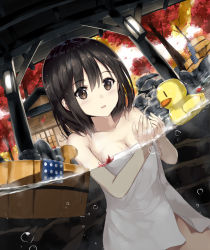 Rule 34 | 1girl, air bubble, autumn, autumn leaves, black hair, breasts, brown eyes, bubble, bucket, building, cleavage, collarbone, day, dutch angle, highres, lantern, leaf, long hair, looking at viewer, maple leaf, medium breasts, naked towel, niii (memstapak), onsen, onsen symbol, open mouth, original, outdoors, partially submerged, partially underwater shot, rock, round teeth, rubber duck, solo, symbol-shaped pupils, teeth, towel, tree, wet, white towel