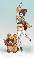 Rule 34 | 1girl, :d, absurdres, alternate costume, alternate hairstyle, bag, bandaid, bandaid on knee, bandaid on leg, black hair, blunt bangs, casual, character hat, chili pepper, commentary, creatures (company), eating, english commentary, food, game freak, genshin impact, guoba (genshin impact), hair ornament, hairclip, highres, holding, holding food, holding poke ball, jacket, long sleeves, midriff, navel, nintendo, open mouth, poke ball, pokemon, red panda, see-through, shoes, short hair, shorts, shoulder bag, sidelocks, simple background, smile, sneakers, squishilicious, standing, standing on one leg, waving, xiangling (genshin impact), yellow eyes