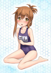 Rule 34 | 10s, 1girl, :o, barefoot, blush, brown eyes, brown hair, errant, folded ponytail, hexagon, inazuma (kancolle), kantai collection, long hair, looking at viewer, name tag, one-piece swimsuit, personification, school swimsuit, sidelocks, sitting, solo, swimsuit, yokozuwari