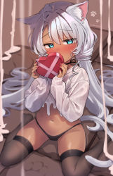 Rule 34 | 1girl, ahoge, animal ear fluff, animal ears, black panties, blue eyes, blush, box, cat ears, chocolate, choker, commentary request, dark-skinned female, dark skin, dissolving clothes, earrings, gift, heart-shaped box, highres, holding, holding gift, jewelry, long hair, looking at viewer, low twintails, melting, nail polish, navel, no shoes, original, panties, red nails, ribbon choker, sig (trente), sitting, skindentation, solo, stud earrings, sweater, thighhighs, trente, twintails, underwear, very long hair, wariza, white sweater