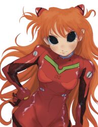 Rule 34 | 1girl, black eyes, bodysuit, cowboy shot, hand on own hip, highres, interface headset, long hair, looking at viewer, multicolored bodysuit, multicolored clothes, neon genesis evangelion, orange hair, plugsuit, red bodysuit, simple background, solo, souryuu asuka langley, taren malboeuf, white background