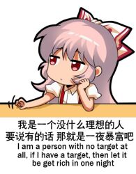 Rule 34 | 1girl, chibi, collared shirt, commentary, english commentary, english text, engrish commentary, engrish text, fujiwara no mokou, hair ribbon, jokanhiyou, long hair, looking to the side, mixed-language commentary, motion lines, no nose, pink hair, puffy short sleeves, puffy sleeves, ranguage, red eyes, red ribbon, ribbon, shirt, short sleeves, solo, suspenders, touhou, upper body, white ribbon, white shirt