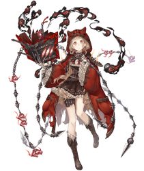 Rule 34 | 1girl, animal hood, blonde hair, book, bookmark, boots, brown dress, chain, corset, dress, frilled dress, frilled sleeves, frills, full body, hood, hood up, hooded jacket, jacket, ji no, red riding hood (sinoalice), long hair, looking at viewer, official art, orange eyes, sinoalice, solo, thigh strap, torn clothes, transparent background, wide sleeves