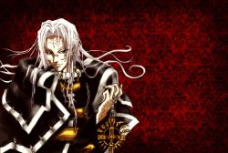 Rule 34 | 00s, 1boy, abel nightroad, body markings, brown eyes, facial mark, glasses, jewelry, long hair, lots of jewelry, male focus, smile, solo, trinity blood, very long hair, white hair