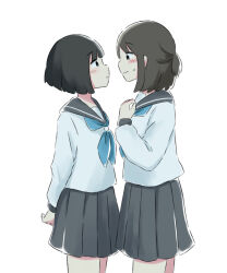 Rule 34 | 2girls, arms behind back, azchipi, black hair, black sailor collar, black skirt, blue neckerchief, blush, brown eyes, brown hair, commentary, cowboy shot, embarrassed, eye contact, face-to-face, from side, hand on own chest, highres, imminent kiss, long sleeves, looking at another, multiple girls, neckerchief, original, pleated skirt, profile, sailor collar, school uniform, serafuku, shirt, short hair, simple background, skirt, sweatdrop, white background, white shirt, yuri