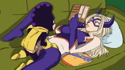 Rule 34 | 1boy, 1girl, between legs, blonde hair, bodysuit, boku no hero academia, bored, breasts, chips (food), costume, couch, eating, eyewear on head, food, hetero, horns, horns through headwear, kokthester, large breasts, leg up, leggings, long hair, long sleeves, lying, mask, medium breasts, mineta minoru, mount lady, multitasking, on back, on couch, reading, sex, shoganight, size difference, tagme, third-party edit, vaginal