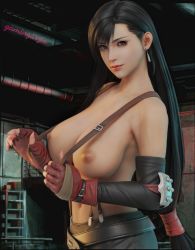 Rule 34 | 1girl, 3d, bare shoulders, black hair, breasts, curvy, final fantasy, final fantasy vii, final fantasy vii remake, fingerless gloves, gamingarzia, gloves, highres, large breasts, long hair, looking at viewer, nipples, overalls, red eyes, solo, square enix, thick thighs, thighs, tifa lockhart
