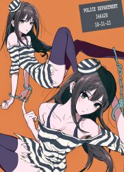 Rule 34 | 1girl, absurdres, bare shoulders, bloom into me15, brown hair, commentary, commentary request, cuffs, dress, green eyes, hair between eyes, handcuffs, highres, idolmaster, idolmaster cinderella girls, long hair, multiple views, off shoulder, orange background, parted lips, prison clothes, purple thighhighs, shibuya rin, sidelocks, sign, striped clothes, striped dress, striped headwear, thighhighs, torn clothes, torn dress, upper body