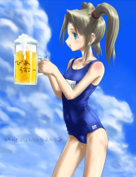 Rule 34 | alcohol, beer, blue eyes, blush, brown hair, flat chest, froth, one-piece swimsuit, rasukaru, school swimsuit, solo, swimsuit, twintails