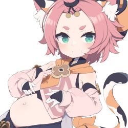 Rule 34 | 1girl, animal ears, belly, breasts, bridal gauntlets, cat ears, cat girl, cat tail, diona (genshin impact), gamuo, genshin impact, green eyes, midriff, outie navel, pink hair, short hair, simple background, small breasts, stomach, sweat, tail, white background