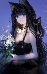 Rule 34 | 1girl, animal ear fluff, animal ears, black bow, black dress, black hair, blue background, bouquet, bow, braid, breasts, commentary request, dress, flower, french braid, gawako, glowing, hair bow, highres, holding, holding bouquet, long hair, looking at viewer, original, purple eyes, sidelocks, small breasts, solo, standing, strapless, strapless dress, tongue, tongue out, upper body, white flower