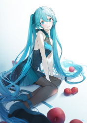 Rule 34 | 1girl, absurdly long hair, apple, bare arms, bare shoulders, black pantyhose, blue dress, blue eyes, blue footwear, blue hair, breasts, closed mouth, commentary request, dress, food, fruit, hair between eyes, hatsune miku, head tilt, high heels, hu kotora, long hair, looking at viewer, looking to the side, pantyhose, pleated dress, red apple, shoe soles, shoes, sleeveless, sleeveless dress, small breasts, smile, solo, twintails, very long hair, vocaloid