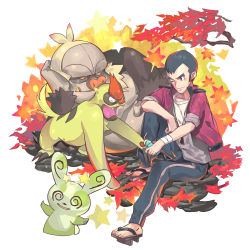Rule 34 | 1boy, absurdres, alternate color, autumn leaves, black hair, claws, commentary, creatures (company), dizzy, fangs, game freak, gen 3 pokemon, grey pants, gym leader, highres, hiro (user negm3832), holding, jacket, male focus, nintendo, norman (pokemon), open clothes, open jacket, open mouth, pants, pokemon, pokemon (creature), pokemon oras, purple jacket, shiny pokemon, shirt, short hair, sitting, slaking, spinda, star (symbol), t-shirt, toes, tongue, vigoroth, wrist wrap