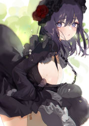 Rule 34 | 1girl, absurdres, between breasts, black dress, black headwear, black necktie, blush, body writing, breasts, chain, chain leash, cleavage, closed mouth, commentary, cosplay, dress, flower, gothic lolita, hair between eyes, highres, kitagawa marin, kuroe shizuku, kuroe shizuku (cosplay), large breasts, leash, lolita fashion, long sleeves, makeup, necktie, necktie between breasts, purple eyes, purple hair, red flower, simple background, solo, sono bisque doll wa koi wo suru, sweat, symbol-only commentary, tally, water drop, wumumu