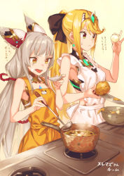 Rule 34 | 2girls, absurdres, animal ears, apron, blonde hair, bow, breasts, brown eyes, cooking, frilled apron, frills, grey hair, hair bow, hairband, highres, kawakami rokkaku, knife, ladle, long hair, low twintails, medium breasts, multiple girls, mythra (xenoblade), nia (blade) (xenoblade), nia (xenoblade), ponytail, potato, small breasts, spoilers, steam, stove, sweatdrop, swept bangs, tasting, tongue, tongue out, twintails, xenoblade chronicles (series), xenoblade chronicles 2