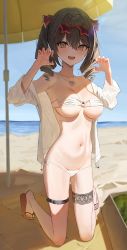 Rule 34 | 1girl, :d, absurdres, amrita (amber78gou), bare shoulders, beach, beach umbrella, belt, bikini, black belt, blush, breasts, brown eyes, brown hair, character request, claw pose, cleavage, commentary, copyright request, day, dot nose, drill hair, eyepatch bikini, eyewear on head, food, fruit, full body, groin, hair between eyes, hair ribbon, hands up, heart pendant, highres, jacket, looking at viewer, lowleg, medium breasts, medium hair, navel, ocean, off shoulder, open clothes, open jacket, open mouth, outdoors, red-framed eyewear, red ribbon, ribbon, ringlets, sand, shirt, sidelocks, sleeves rolled up, slippers, smile, solo, star-shaped eyewear, star (symbol), stomach, string bikini, swimsuit, symbol-only commentary, teeth, thigh belt, thigh strap, tinted eyewear, toes, twin drills, umbrella, underboob, unzipped, upper teeth only, watermelon, white bikini, white jacket, zipper pull tab