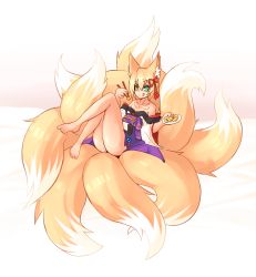 Rule 34 | 1girl, :q, absurdres, animal ear fluff, animal ears, ass, bare legs, bare shoulders, barefoot, chopsticks, food, fox ears, fox tail, green eyes, hair ornament, highres, holding, holding plate, japanese clothes, large tail, looking at viewer, mon-musu quest!, multiple tails, no panties, obi, off shoulder, plate, reclining, sash, slit pupils, solo, sub-res, tail, tamamo (mon-musu quest!), tattoo, tongue, tongue out