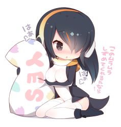 Rule 34 | 10s, 1girl, :o, black eyes, black footwear, black hair, blush, boots, breasts, chibi, covered erect nipples, embarrassed, emperor penguin (kemono friends), english text, eyelashes, full body, hair over one eye, headphones, holding, holding pillow, hood, hooded jacket, jacket, kemono friends, large breasts, leotard, long sleeves, looking away, medium hair, multicolored hair, no nose, open clothes, open jacket, open mouth, orange hair, pillow, red hair, shoelaces, shy, simple background, sitting, solo, sound effects, sweat, tail, thighhighs, translation request, tsurime, turtleneck, two-tone hair, wariza, watanon (gakushokutei), white background, white leotard, yes, yes-no pillow