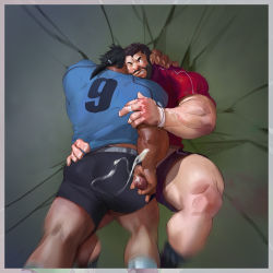 Rule 34 | 2boys, against wall, ass, bara, broken wall, cum, erection, from behind, handjob, head on another&#039;s shoulder, highres, male focus, mature male, motion blur, multiple boys, muscular, muscular male, original, penis, projectile cum, rugby, rugby uniform, short hair, sideburns, sportswear, tackle, thick thighs, thighs, tooboshoo, uncensored, yaoi