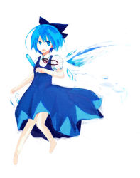 Rule 34 | 1girl, acoknight, bad id, bad pixiv id, blue eyes, blue hair, cirno, dress, female focus, food, full body, matching hair/eyes, popsicle, solo, embodiment of scarlet devil, touhou, white background, wings