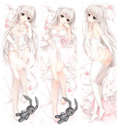 Rule 34 | 1girl, ass, bare legs, bare shoulders, barefoot, bed sheet, bow, bra, breasts, bridal gauntlets, brown eyes, bustier, cleavage, closed mouth, commentary request, covered erect nipples, dakimakura (medium), dress, flower, garter straps, hair between eyes, head tilt, heart, heart-shaped pillow, kasugano sora, loading (verjuice), long hair, looking at viewer, lying, medium breasts, multiple views, no shoes, on back, on side, panties, parted lips, petals, pillow, pink flower, pink rose, rose, sample watermark, stuffed animal, stuffed rabbit, stuffed toy, thighhighs, underwear, underwear only, very long hair, watermark, white bow, white bra, white dress, white hair, white panties, white thighhighs, yosuga no sora