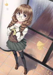 Rule 34 | 1girl, black thighhighs, braid, brown hair, from above, ginkgo tree, glasses, h kasei, hair over shoulder, highres, holding, leaf, letter, loafers, looking up, love letter, original, plaid, plaid skirt, school uniform, shoes, skirt, solo, standing, thighhighs, twin braids, twintails, zettai ryouiki