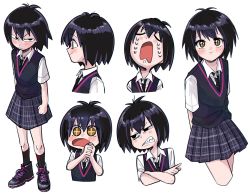 Rule 34 | 1girl, angry, arms behind back, black footwear, black hair, black necktie, black socks, black sweater vest, blush, brown eyes, clenched hand, clenched teeth, closed mouth, collared shirt, crossed arms, crying, from side, full body, half-closed eyes, highres, looking at viewer, marvel, multiple views, necktie, open mouth, own hands together, peni parker, school uniform, shakata (syakatan), shirt, shoes, short hair, short sleeves, skirt, smile, socks, solo, spider-man: into the spider-verse, spider-man (series), spider-verse, sweater vest, tears, teeth, tsundere, white shirt