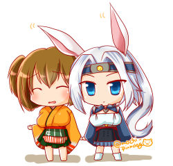 Rule 34 | 2girls, :d, ^ ^, animal ears, azur lane, blue eyes, brown hair, chibi, closed eyes, commentary request, crossover, hachimaki, hakama, hakama short skirt, hakama skirt, headband, highres, hiryuu (azur lane), hiryuu (kancolle), historical name connection, holding hands, japanese clothes, kantai collection, long hair, looking at viewer, mochimako, multiple girls, name connection, one side up, open mouth, pleated skirt, ponytail, rabbit ears, silver hair, skirt, smile, twitter username